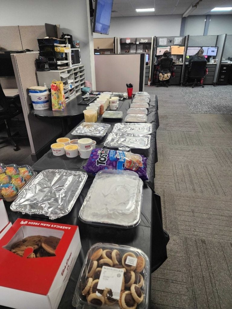 Office celebration with snacks and desserts at West Virginia Automobile Dealers Association.