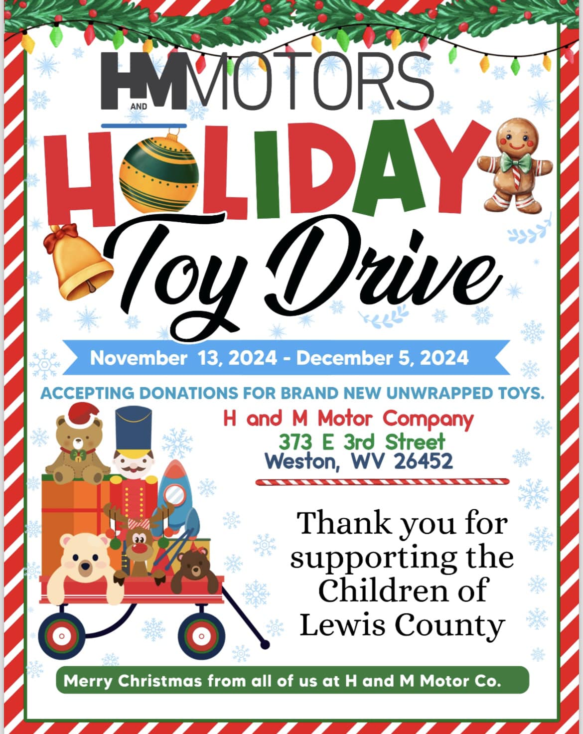 H&M Motor Holiday Toy Drive poster with festive decorations and toys.